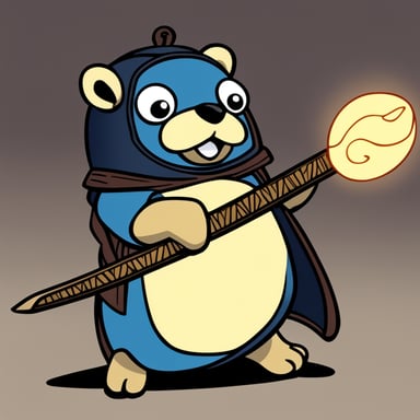 In an old Japanese village, Go Blue Gopher stands across the sun with a left-hand katana, ready to defeat an angry evil daemon.