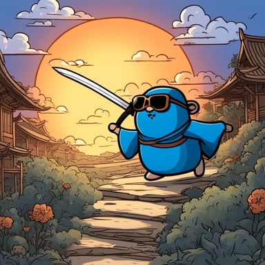 In an old Japanese village, Go Blue Gopher stands across the sun with a left-hand katana, ready to defeat an angry evil daemon.