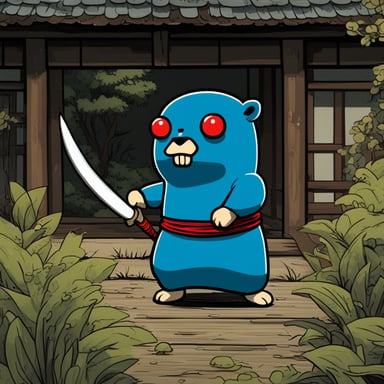 In an old Japanese village, Go Blue Gopher stands with a katana in his left hand, ready to defeat an angry black spirit with red eyes.