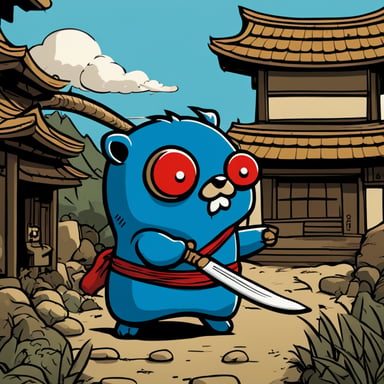 In an old Japanese village, Go Blue Gopher stands with a katana in his left hand, ready to defeat an angry black spirit with red eyes.