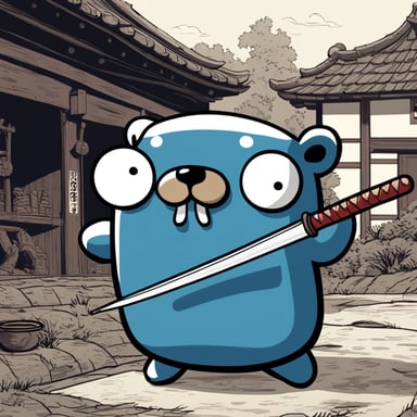In an old Japanese village, Go Blue Gopher stands with a katana in his left hand, ready to defeat an angry black spirit with red eyes.