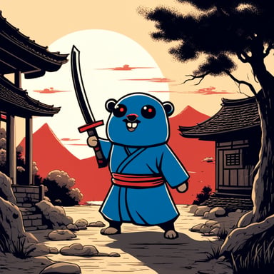 In an old Japanese village, Go Blue Gopher stands with a katana in his left hand, ready to defeat an angry black spirit with red eyes.