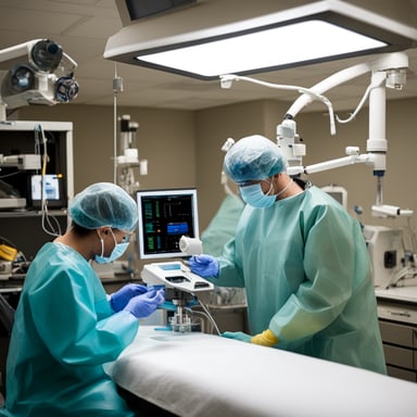 A go blue gopher performing an interventional procedure on brain vessels in the catheterization laboratory.