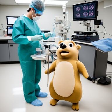 A go blue gopher performing an interventional procedure on brain vessels in the catheterization laboratory.