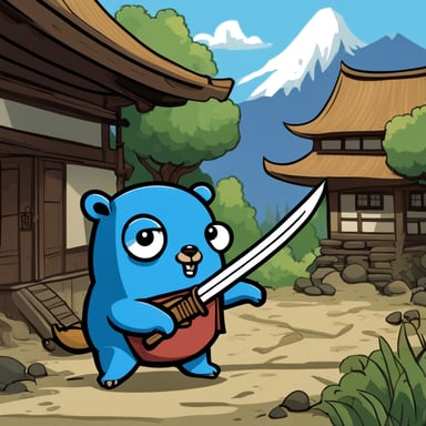 In an old Japanese village, Go Blue Gopher stands with a katana in his left hand across from another evil gopher, ready to defeat the angry gopher.