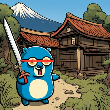 In an old Japanese village, Go Blue Gopher stands with a katana in his left hand across from another evil gopher, ready to defeat the angry gopher.