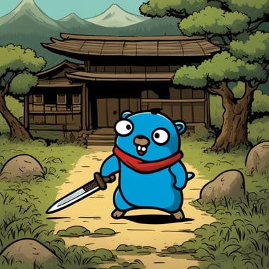 In an old Japanese village, Go Blue Gopher stands with a katana in his left hand across from another evil gopher, ready to defeat the angry gopher.