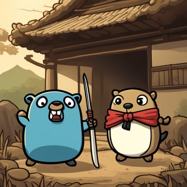 In an old Japanese village, Go Blue Gopher stands with a katana in his left hand across from another evil gopher, ready to defeat the angry gopher.
