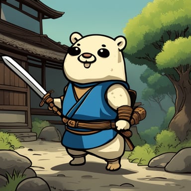 In an old Japanese village, Go Blue Gopher stands with a katana in his left hand and wears samurai armor.