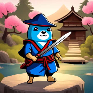 In an old Japanese village, Go Blue Gopher stands with a katana in his left hand and wears samurai armor.