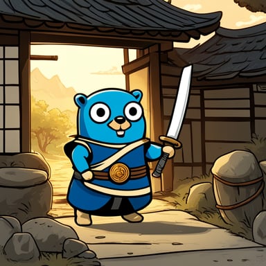 In an old Japanese village, Go Blue Gopher stands with a katana in his left hand and wears samurai armor.