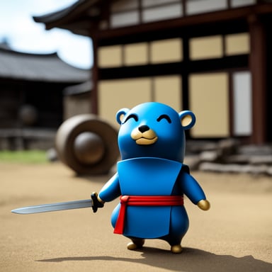 In an old Japanese village, Go Blue Gopher stands with a katana in his left hand and wears samurai armor.