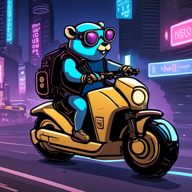 A go blue gopher in a cyberpunk city, riding a neon-lit hoverbike.