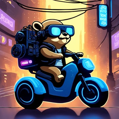 A go blue gopher in a cyberpunk city, riding a neon-lit hoverbike.