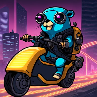 A go blue gopher in a cyberpunk city, riding a neon-lit hoverbike.