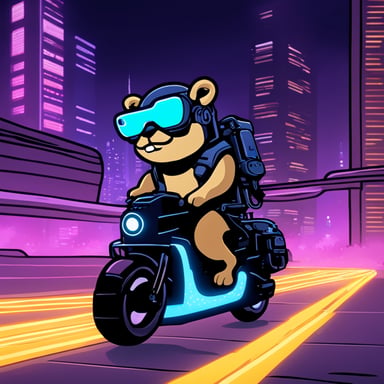 A go blue gopher in a cyberpunk city, riding a neon-lit hoverbike.
