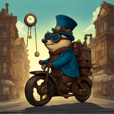 A go blue gopher rides a steambike through a steampunk city, its movements swift and spider-like.