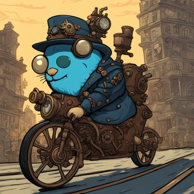 A go blue gopher rides a steambike through a steampunk city, its movements swift and spider-like.