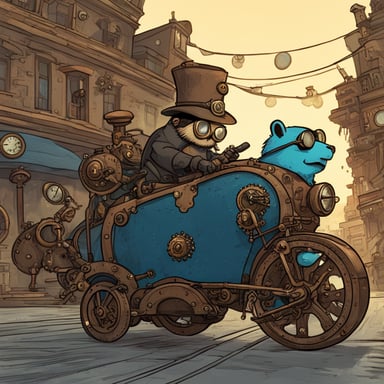 A go blue gopher rides a steambike through a steampunk city, its movements swift and spider-like.