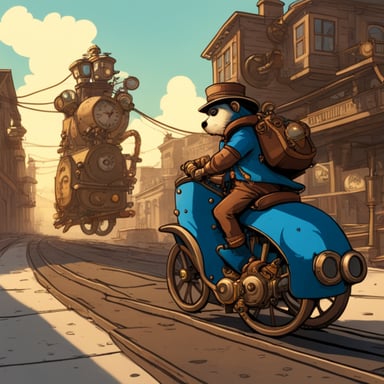 A go blue gopher rides a steambike through a steampunk city, its movements swift and spider-like.