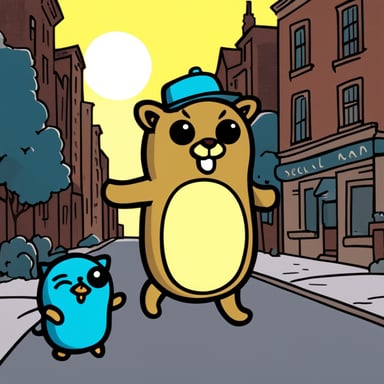 Go Blue Gopher walking on town with its own black kitty cat.