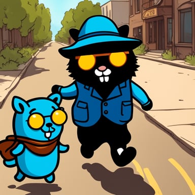 Go Blue Gopher walking on town with its own black kitty cat.