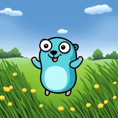 Happy go blue gopher in the fields