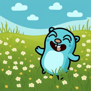 Happy go blue gopher in the fields