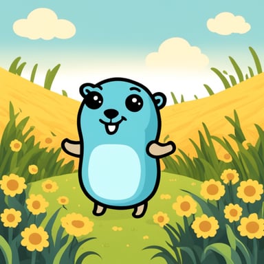 Happy go blue gopher in the fields