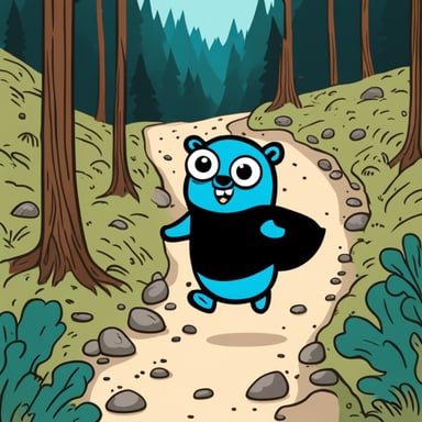 Go Blue Gopher is running in the mountain forest, in a black costume.
