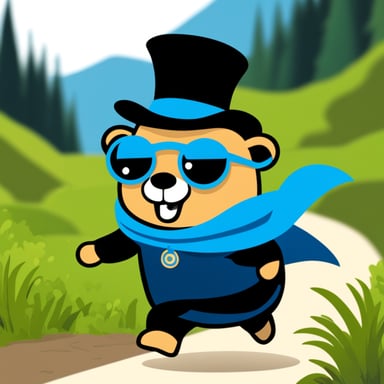 Go Blue Gopher is running in the mountain forest, in a black costume.