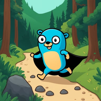 Go Blue Gopher is running in the mountain forest, in a black costume.