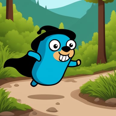 Go Blue Gopher is running in the mountain forest, in a black costume.