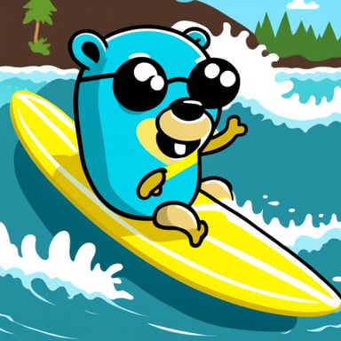 Go Blue Gopher that is surfing using a snake.
