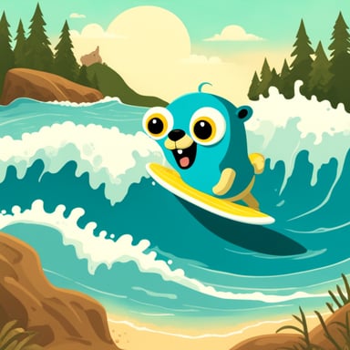 Go Blue Gopher that is surfing using a snake.