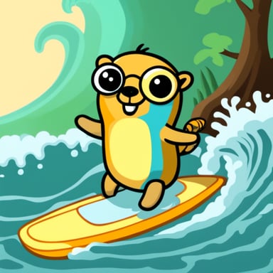 Go Blue Gopher that is surfing using a snake.