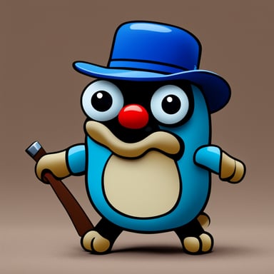 Angry go blue gopher with red robotic eyes in black hat.