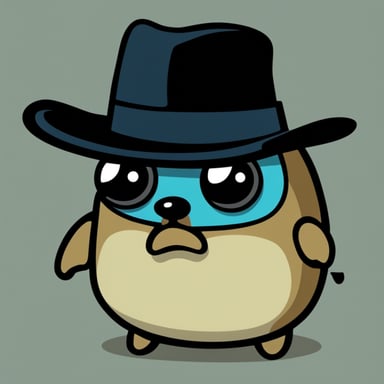 Angry go blue gopher with red robotic eyes in black hat.