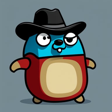 Angry go blue gopher with red robotic eyes in black hat.