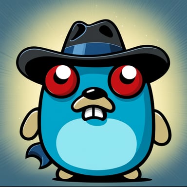 Angry go blue gopher with red robotic eyes in black hat.