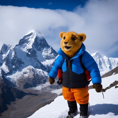 Happy Go Blue Gopher with an Arc'teryx jacket on Everest.