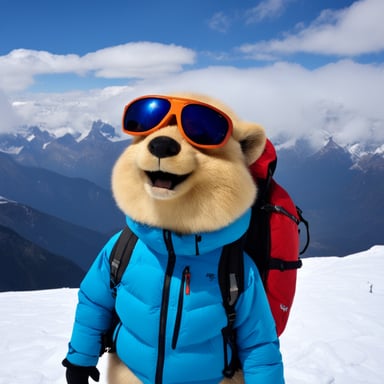 Happy Go Blue Gopher with an Arc'teryx jacket on Everest.