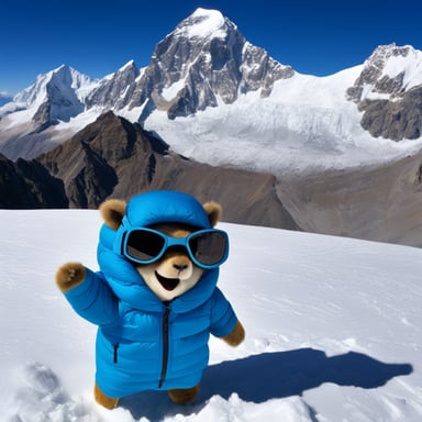 Happy Go Blue Gopher with an Arc'teryx jacket on Everest.