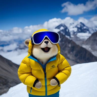 Happy Go Blue Gopher with an Arc'teryx jacket on Everest.
