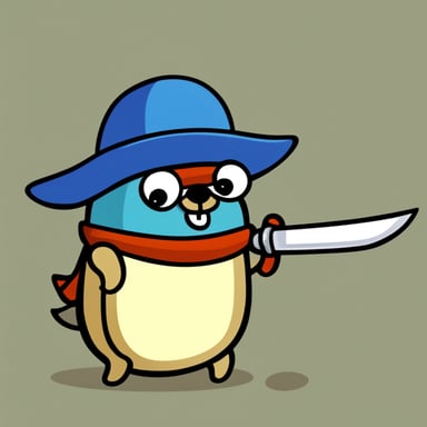 Go Blue Gopher in a funny hat with a sword.