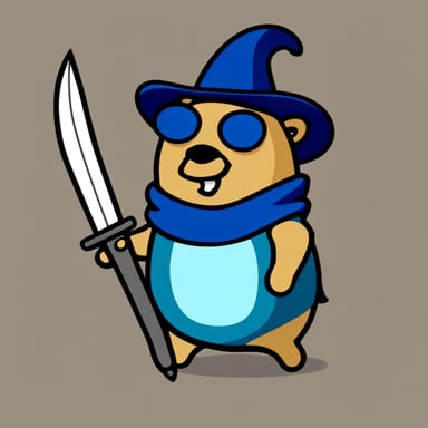 Go Blue Gopher in a funny hat with a sword.