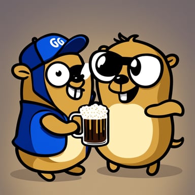 Happy Go Blue Gopher with a cup of beer and his brother.