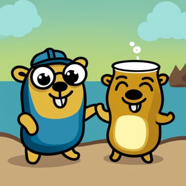 Happy Go Blue Gopher with a cup of beer and his brother.