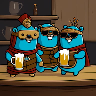 Go Blue Gopher is happy with a cup of beer and his brother. They are wearing samurai armor.