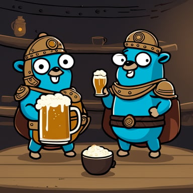 Go Blue Gopher is happy with a cup of beer and his brother. They are wearing samurai armor.